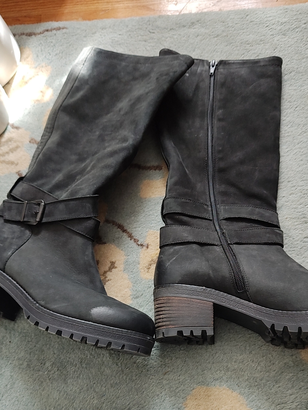 Coach and Four Black Mid-Calf Lug Sole Boots with Buckle Strap